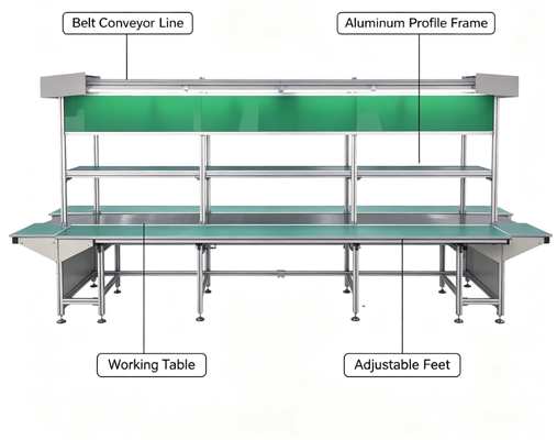 Custom Anti-static Belt Conveyor Line, Aluminium Profile Assembly Conveyor untuk perakitan produk elektronik & pengujian