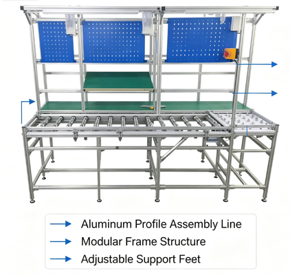 Custom Industrial Aluminium Profile Ball Transfer Assembly Line, Anti-Static PVC Belt Conveyor Produksi Stasiun Kerja
